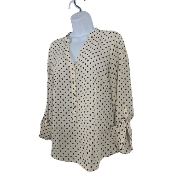 LC Lauren Conrad Button-Front Beige & Black Polka Dot Blouse Rolled Cuffs Medium - Picture 4 of 11